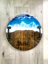 Load image into Gallery viewer, Personalized Last Name Coffee Table Tray with Handles, Ocean Resin Art Wave Large Serving Tray