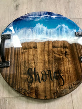 Load image into Gallery viewer, Personalized Last Name Coffee Table Tray with Handles, Ocean Resin Art Wave Large Serving Tray