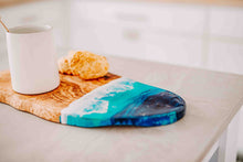 Load image into Gallery viewer, Olive Wood Charcuterie Board with Beach Resin Art, Ocean Cheese Board
