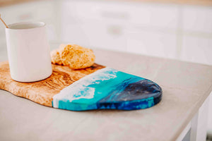 Olive Wood Charcuterie Board with Beach Resin Art, Ocean Cheese Board