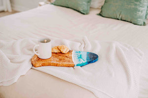 Olive Wood Charcuterie Board with Beach Resin Art, Ocean Cheese Board