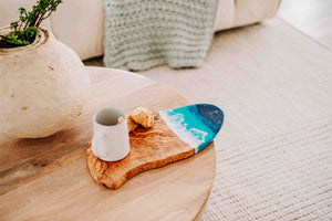 Olive Wood Charcuterie Board with Beach Resin Art, Ocean Cheese Board