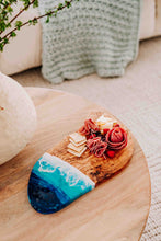 Load image into Gallery viewer, Olive Wood Charcuterie Board with Beach Resin Art, Ocean Cheese Board
