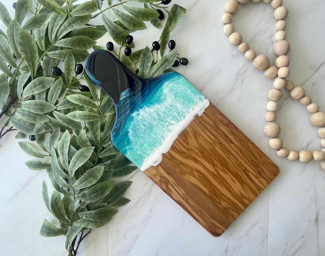 Olive Wood Cheeseboard, Beach Resin Art Serving Tray
