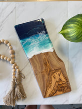 Load image into Gallery viewer, 15” Olive Wood Cheeseboard Live Edge, Beach Resin Art Serving Tray

