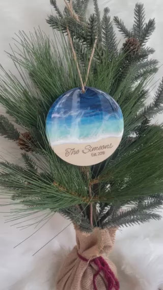 Personalized Beach Scene Resin Ornament, Custom Family Name Decor, Coastal Art Holiday Gift