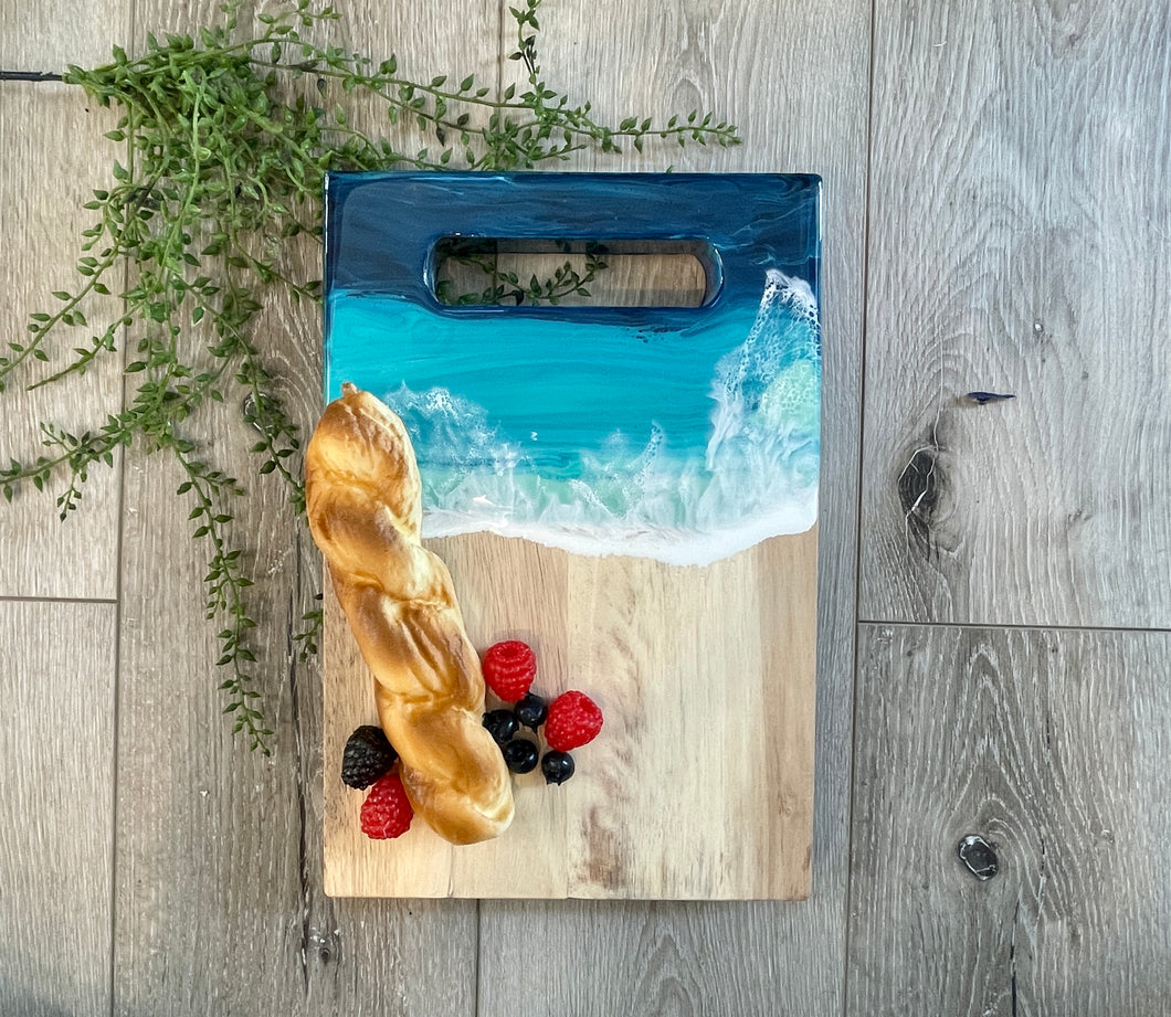 Rectangular Cheeseboard with Inlaid Handle, Beach Resin Art Serving Tray