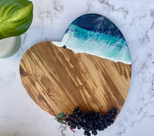 Olive Wood Heart Cheeseboard, Beach Resin Art Serving Tray
