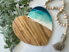 Load image into Gallery viewer, Olive Wood Heart Cheeseboard, Beach Resin Art Serving Tray
