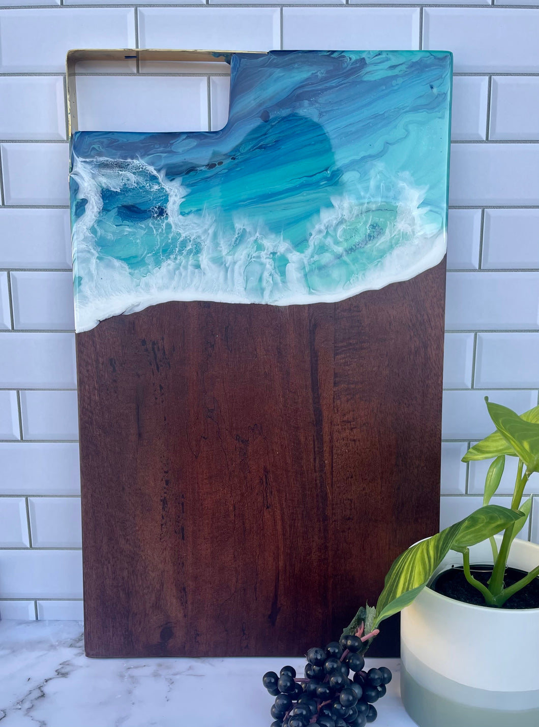 Cheeseboard with Brass Handle, Beach Resin Art Serving Tray