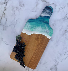 Olive Wood Cheeseboard with Handle, Beach Resin Art Serving Tray