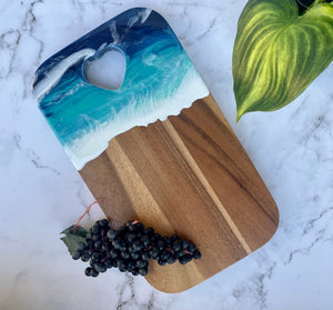 Cheeseboard with Heart Handle, Beach Resin Art Serving Tray