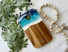 Load image into Gallery viewer, Cheeseboard with Heart Handle, Beach Resin Art Serving Tray
