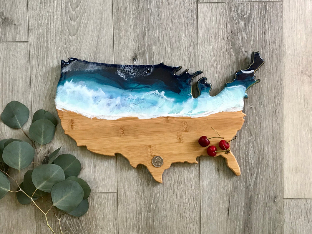 USA Shaped Beach Resin Art Cheeseboard