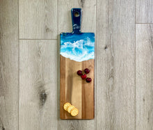 Load image into Gallery viewer, Live Edge Cheeseboard with Handle, Beach Resin Art Serving Tray
